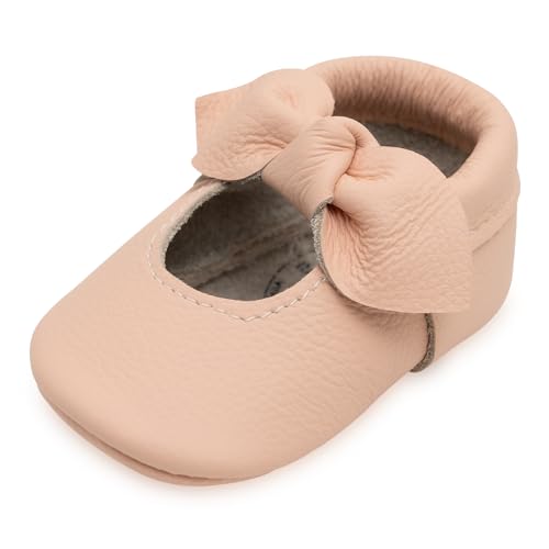 BirdRock Baby Bow and Knot Moccasins - Genuine Leather Baby Girl Shoes (Desert Rose Knot, US 8)