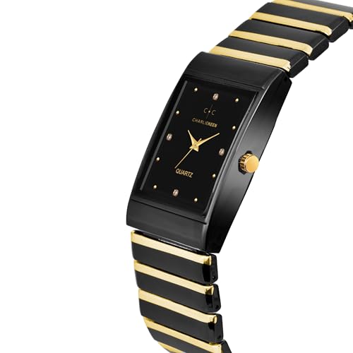 Image of CHARLIEKEEN Rectangular Wristwatch, Black Dial with Rose Gold Roman Numerals, Silicone Strap, Elegant Style