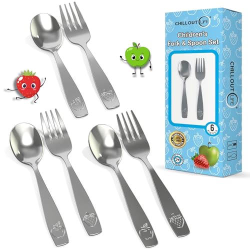 CHILLOUT LIFE Stainless Steel Kids Silverware Set 6 Pieces - Child and Toddler Safe Flatware - Kids Utensil Set - Metal Kids Cutlery Set (Includes 3 Small Kids Spoons & Kids 3 Forks)