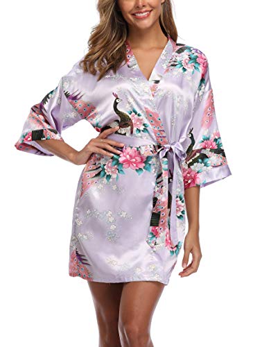 Sueshop Women's Floral Satin Robe Short Silk Bridal Robe Printing Peacock Kimono Sleepwear Light Purple