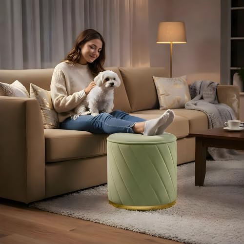 Image of ENIQE STORE Premium Velvet Ottoman Stool | Modern Round Pouffe with Gold Base | Multipurpose Seating | Living Room & Bedroom Decor (Pista Green Set of 2)