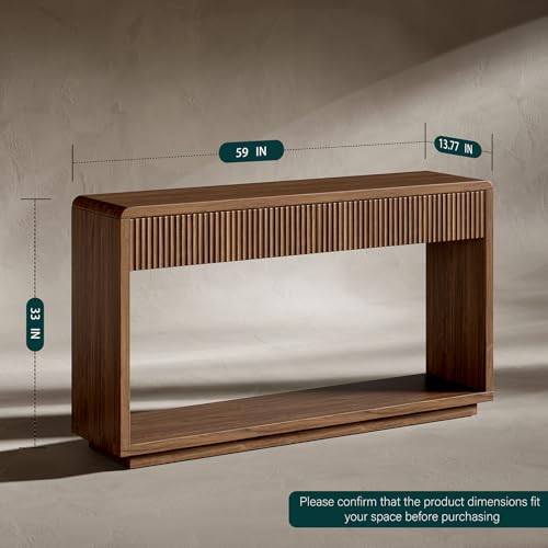 Image of Evermagin 59'' Walnut Entryway Table with Drawers, Fluted Console Table, Mid Century Modern Sofa Table with Storage for Living Room, Entrance, Hallway