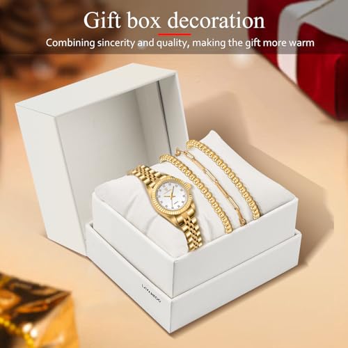Timever Gold Women's Watch Set, 18K Gold Plated Bangle Bracelets & Ring, Waterproof Analog Watch with Luminous Dial