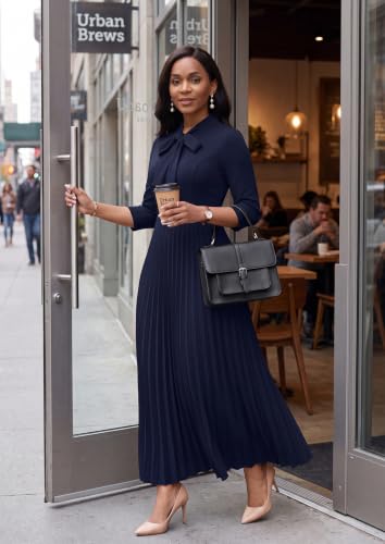 Image of FANDEE Maxi Dress for Women Formal 3 /4 Sleeve Pleated Empire Long Dress Semi Formal Tie Neck Office Work Dresses