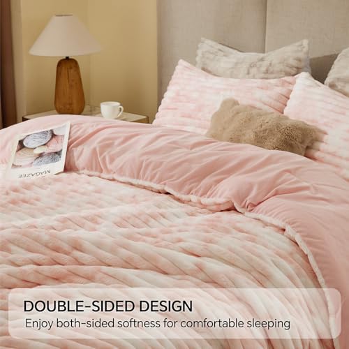 Image of BEDELITE Fleece King Comforter Set -Super Soft & Warm Fluffy Pink&White Bedding, Luxury Fuzzy Heavy Bed Set for All Season with 2 Pillow Cases