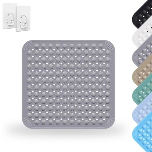 Tapis De Douche, 48 x 48 cm Tapis de Douche Carré Lavable en Machine avec Ventouse, PVC Shower Mat Non Slip, Tapis de Massage Antidérapant pour Douche, avec 2...