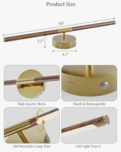 Image of 40 inch Battery Operated Wall Sconce Set of 2, 350 Rotating Lamp, Walnut Gold | Wireless, 8000mAh Rechargeable Battery, Stepless Dimming, 3000K-6000K, Remote & Touch Control, Timer, Living Room, Bedroom