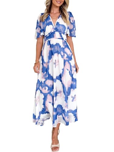 Image of Flessibili Womens Short Sleeve Floral Maxi Dresses 2026 Spring Wedding Guest Party Summer Dress Blue White Large