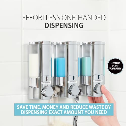 Better Living Aviva Shower Dispenser 3 Chamber, Wall Mount Shower Soap Pump Dispenser for Bathroom Hotel Body Wash, Built-in Hooks, No Drill, Waterproof Shampoo Soap Dispenser 3 x 11 oz, Chrome