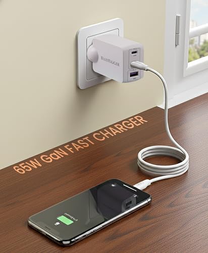 Image of BlueRigger 65W 3-Port GaN Charger PD QC3.0 QC4.0 PPS Fast Charging Compact Adapter for All MacBook Series and laptops with USB C Charging Port (White)