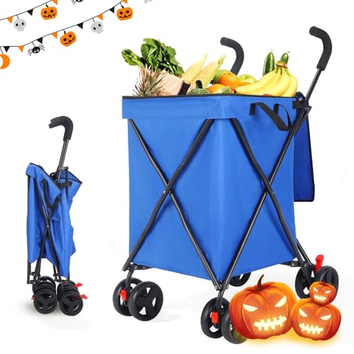 Faltbarer Einkaufstrolley mit 4-Rädern, Trolley Einkaufswagen klappbar & modern groß 56L, 54,4 kg Kapazität, minimalistisch für Haustiere, Outdoor, Camping, Einkaufen, Sport, Garten-Blau – Bild 3
