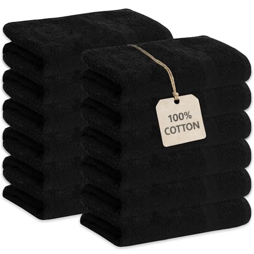 GREEN LIFESTYLE Black Bleach Proof Towels Bulk Sets 100% Cotton 16 X 25 Premium Spa Quality Super Soft and Absorbent for Gym Pool Spa Salon and Home 12 Pack
