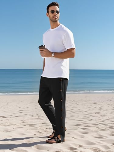 Mens Linen Pants Summer Casual Button Straight Beach Pants Baggy Elastic Waist Drawstring Yoga Trousers with Pockets4