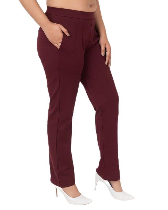 Image of Mlada Straight Fit Cigarette Pencil Pants Elastic Waist Band Mid High Waist Formal Office Trousers for Women, Pockets for Travel Stretch Cotton Knit Full Length Regular /Plus Size