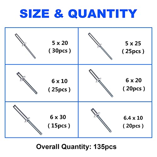 Gueenky 135 Stück Nieten Aluminium 5/6/6,4 mm, 6 Größen Silber Blindnieten Set Popnieten Sortiment mit Aufbewahrungsbox für Metall Holz Kunststoff