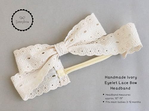 Handmade Ivory Eyelet Lace Bow Headband for Baby Girls, Soft Stretchy Band Fits 6-12 Months, Boho Vintage-Inspired Baby Hair Accessory2