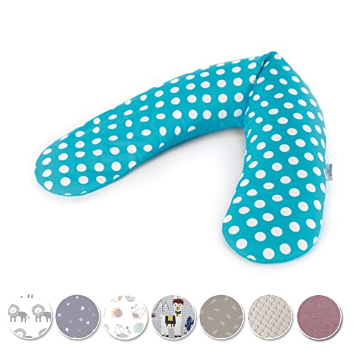 Theraline Das Original Schwangerschafts- & Stillkissen | gefüllt mit sandfeinen Original-Perlen | inkl. Außenbezug „Indie Dots Petrol“ | 190 cm