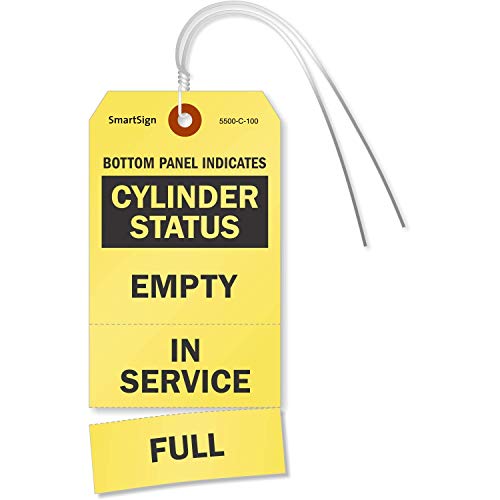 SmartSign (Pack of 100) 5.75 x 2.875 inch “Cylinder Status - Empty, in Service, Full” 3-Part Perforated Tags with Pre-Attached Wires, 13 Point Cardstock, Black and Yellow