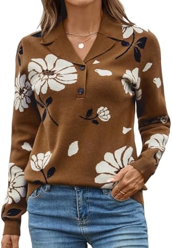 LOMON Sweaters for Women 2025 Fall Knitted V-Neck Collared Button...