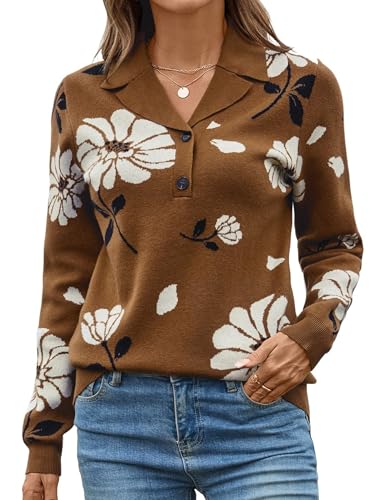 Image of LOMON Sweaters for Women 2025 Fall Knitted V-Neck Collared Button Pullover Dressy Casual Long Sleeve Polo Shirts Business