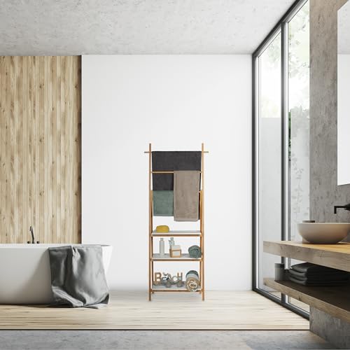 Relaxdays Toallero Baño con Estantería, Bambú-DM, Marrón-Blanco, 150x50x30cm - imagen 4