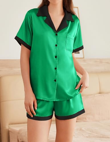 Image of Ekouaer Womens Silk Satin Pajama Set Short Sleeve PJs 2 Piece Button Down Top and Shorts Notch Collar Sleepwear Sets Soft Pjs | Soft sleepwear with pockets, botton down lounge sets, ideal for Home relaxation, Wedding, Party, Daily Wear & Breastfeeding