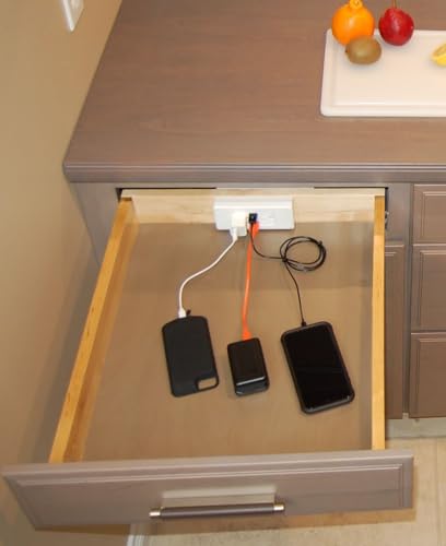 Compact in-Drawer Outlet Charging Station (2) 15 Amp AC Outlets (2) USB-A Ports with Cord Management Arm, White