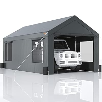 VEVOR Carport 10'x20' Heavy Duty Steel Car Canopy, Portable Garage with 4 Sand Bags, Roll-up Ventilated Windows & Removable Sidewall, All-Season Tarp for Truck SUV Boat Car, Party, Equipment Placement