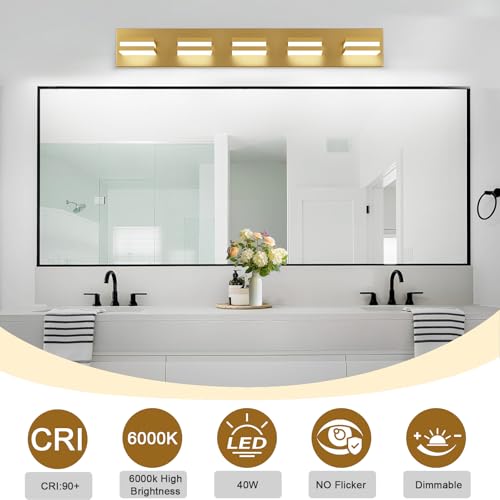Image of IZORRO LED Modern Bathroom Lights Fixtures(5-Light,Dimmable,360Rotate),Brushed Glod Acrylic Wall Lighting,Vanity Lights for Bathroom Over Mirror - 6000k 30In (No Assembly Required)