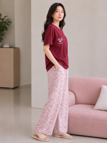 Image of Women's 2-Piece Pajama Set - Short Sleeve Top & Pants Lounge Set, Soft Breathable Sleepwear Night Suit for Women
