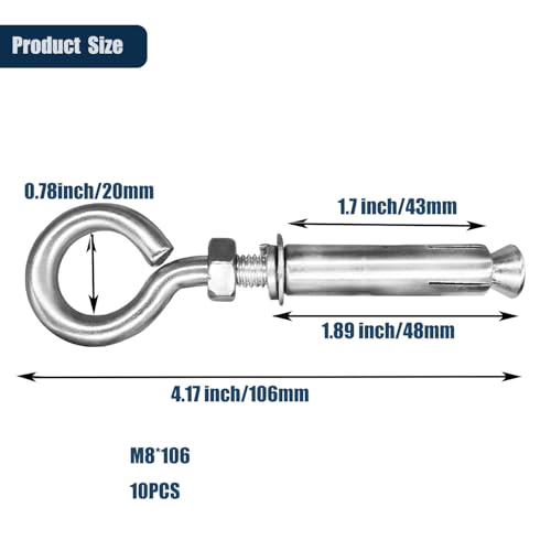Image of 5 /16 inch x 4-3 /16 inch Shoulder Eyebolts, Heavy Duty 304 Stainless Steel Expansion Concrete Wall Anchors Eyebolt Screw, Lag Eyebolt Screws for Wall Ceiling Concrete, 10 Pack