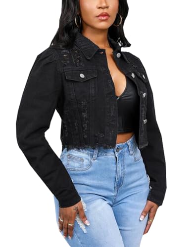 Womens Ripped Puff Sleeve Cropped Denim Jackets Distressed Frayed Hem Button Down Long Sleeve Jean Jackets Top2
