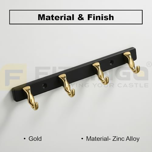 Image of 4 Hook Modern Bathroom Hooks for Hanging /Cloth Hooks for Door Back Side /Cloth Hanger for Wall (Gold with Black) Pack of 1-| 3 Years Warranty |