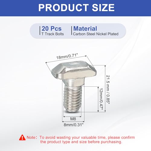 Image of PATIKIL M8 x 14 mm Thread T-Slot Bolts, 20 Pcs Drop-in Bolt Hammer Head T-Bolt Standard 8 mm Sliding Screw Stud for 40 Series Aluminum Extrusion Profile, Silver