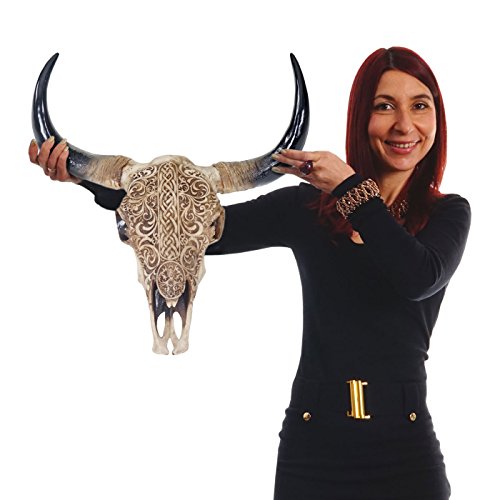 Mendler Dekoracyjna czaszka 45 cm, poliżywica byk byk longhorn trofeum z plemiennym trybalem, do użytku wewnątrz i na zewnątrz