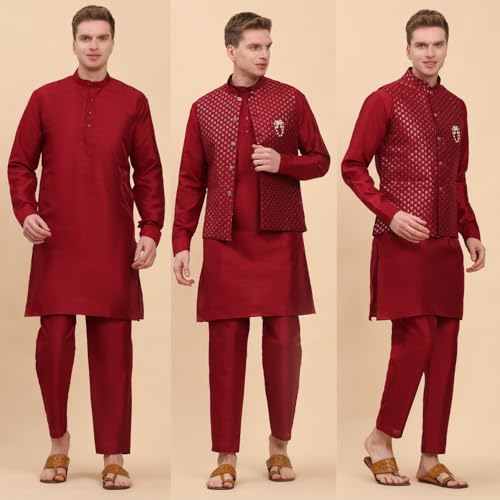 Mens Indian Traditional Silk Kurta Set With Jacket For Men Floral Design (C-114)4