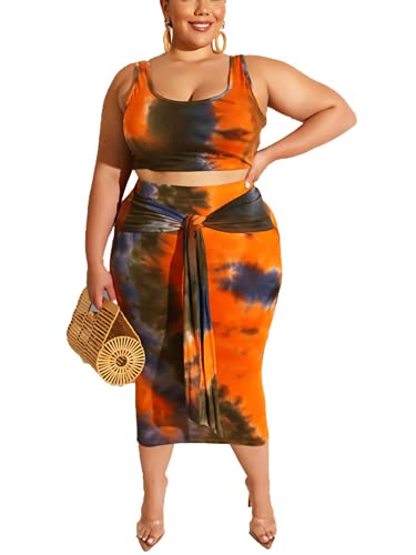 Image of Plus Size Women 2 Piece Outfits Sets Sexy Tracksuit Midi Dress,Sleeveless Tank Top Bodycon Skirts Set Casual Summer