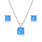 B. BRILLIANT Sterling Silver Synthetic Blue Opal Square Solitaire Necklace & Stud Earrings Jewelry Set