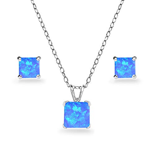 B. BRILLIANT Sterling Silver Synthetic Blue Opal Square Solitaire Necklace & Stud Earrings Jewelry Set