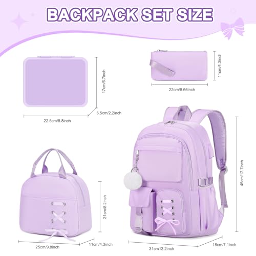 Backpack for Girls with Bento Lunch Box Set, School Bag Bookbag for Teens Girls Kids Student, 43oz Lunch Containers Lunchbox, Insulated Lunch Bag & Pencial Case, Back To School Gift (Purple)2