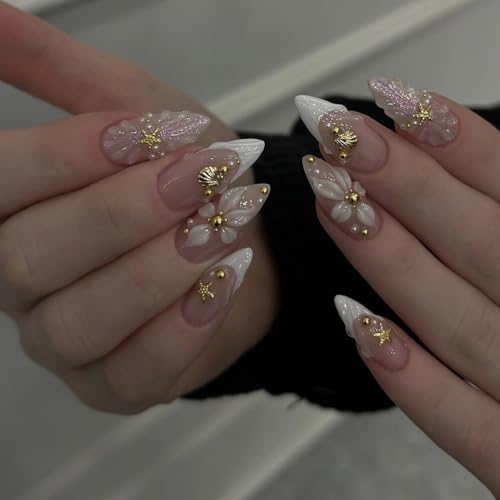 Medium Press on Nails Almond White French Tip Acrylic Fake Nails ...