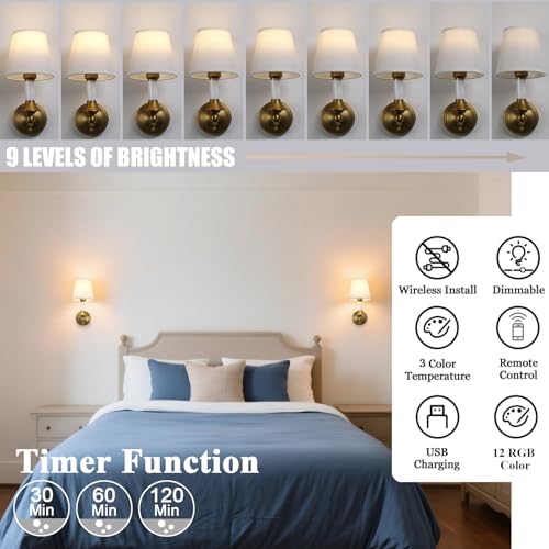 Image of Phansthy Battery Operated Wall Sconce Set of 2, Rechargeable Wall Lights with Dimmable Bulbs and Remote, 12 RGB Colors Wireless Antique Gold Wall Lamps (White Shade, Battery Operated (2 Pack))