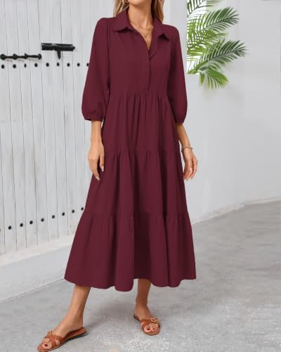 Image of Women Button Down Maxi Shirt Dress Long Sleeve Flowy Tiered Collared Dresses with Pockets
