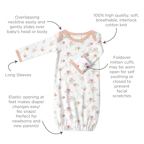 Image of SwaddleDesigns Softest Cotton Baby Pajama Gown with Foldover Mitten Cuffs for Infant Boy and Girl, Newborn, 0-3 Months