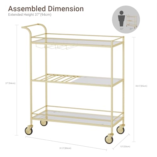 Image of Gold Bar Cart, Home Bar Serving Cart with Handle, Wine Cart with 3-Tier Glass Shelves, Beverage Cart with Wine Rack and Glass Holder, Bar Carts for The Home, Dining Room, Living Room