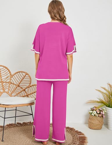 Image of Tanming Sweater Sets Women 2 Piece Lounge Sets Short Sleeve Knit Pullover Tops Wide Leg Pants