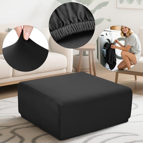 Image of YISUN Super Stretch Square Ottoman Cover - Soft Form Fit Ottoman Slipcover for Foot Stool & Folding Storage, Washable Furniture Protector with Non-Slip Elastic Bottom (M, Black)