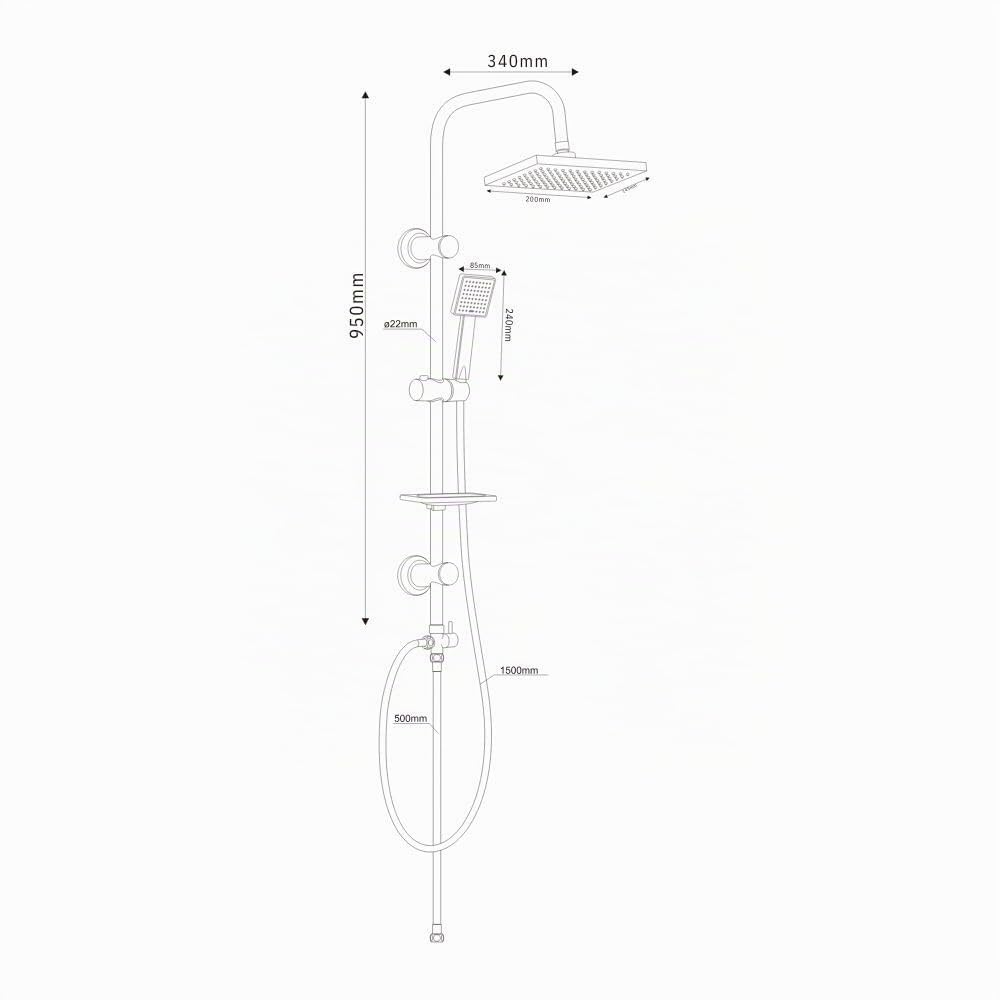 Colonna Doccia Attrezzata Luna Ottone Cromato Soffione Quadro Doccetta Collegabile a Miscelatore Termostatico o Presa d'Acqua a Muro