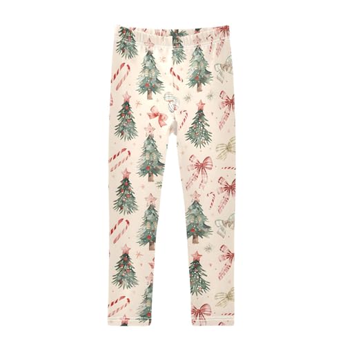 Watercolor Christmas Candy Cane Tree Bow Girls Leggings Ultra Soft Compression Yoga Gym Pants for Kids 4-10T