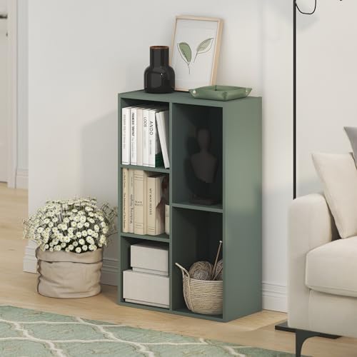 Image of Furinno LUDER Book Shelf, 5-Cube Bookshelf, Reversible Bookcase, 9.4 x 19.5 x 31.5, Easy Assembly, for Living Room, Bedroom, Home Office, Sage Green